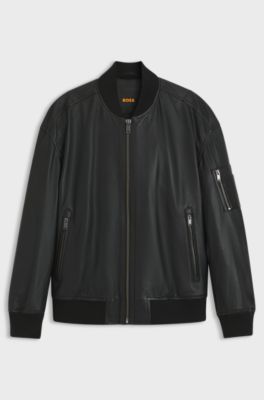 Leather bomber jacket with sleeve pocket, Black