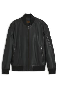 Leather bomber jacket with sleeve pocket, Black