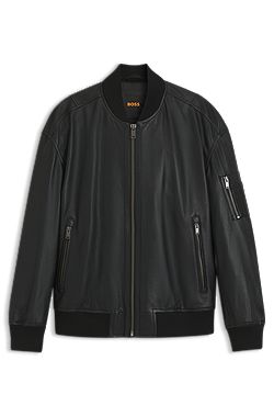 Leather bomber jacket with sleeve pocket