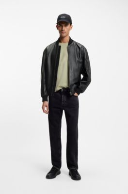 Leather bomber jacket with sleeve pocket, Black