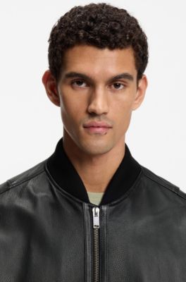 Leather bomber jacket with sleeve pocket, Black