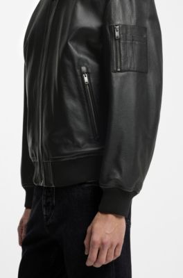 Leather bomber jacket with sleeve pocket, Black