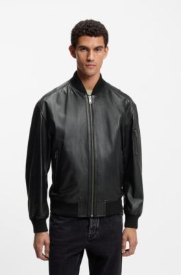 Leather bomber jacket with sleeve pocket, Black