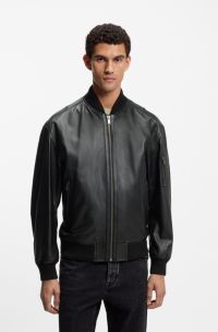 Leather bomber jacket with sleeve pocket, Black