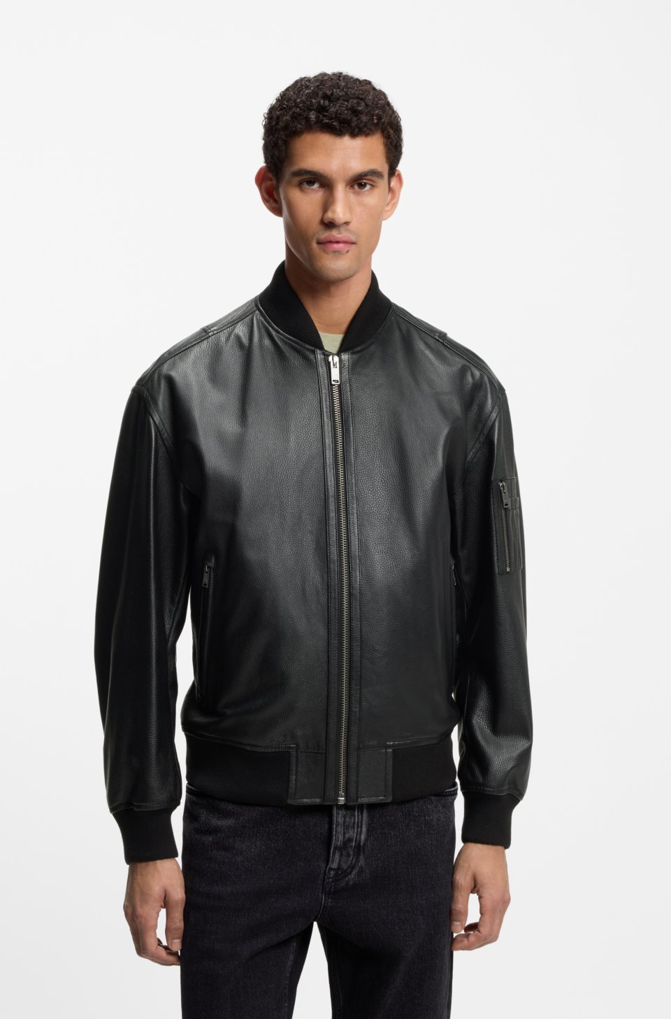 Leather bomber jacket with sleeve pocket
