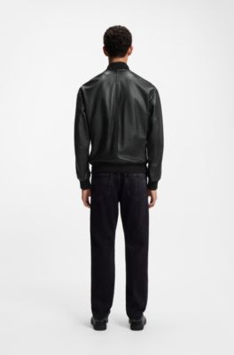 Leather bomber jacket with sleeve pocket, Black
