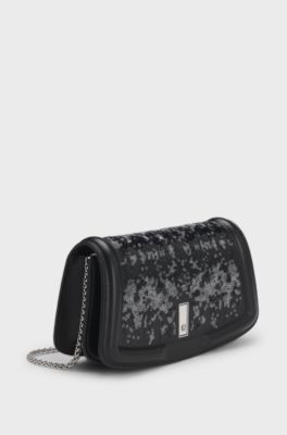 Ariell leather clutch bag with sequin embellishments, Black