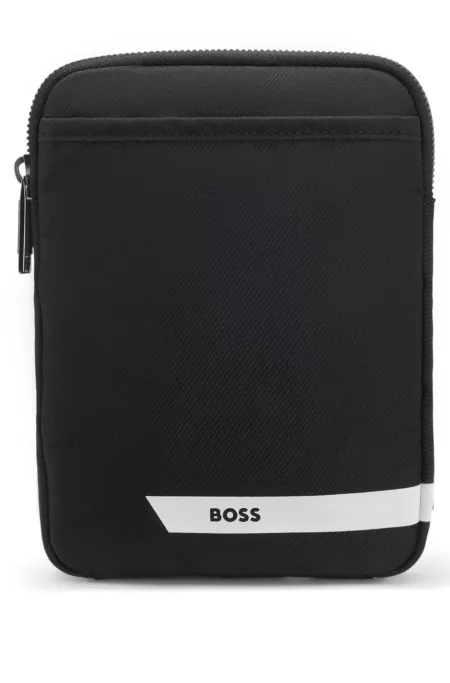 Patterned-fabric neck pouch with stripe and logo