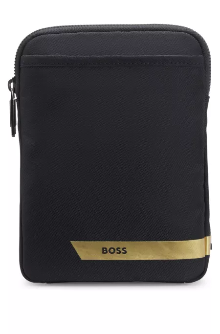 Patterned-fabric neck pouch with stripe and logo