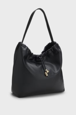 Sac &agrave; bandouli&egrave;re avec cordon de serrage et garnitures en m&eacute;tal dor&eacute;, Noir