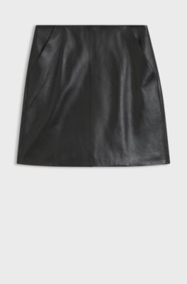 Jupe en cuir nappa avec couture sur le devant, Noir