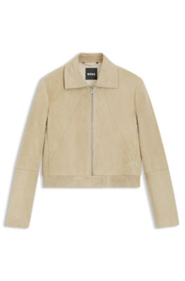 Blouson-style jacket in suede with Double B monogram, Light Beige