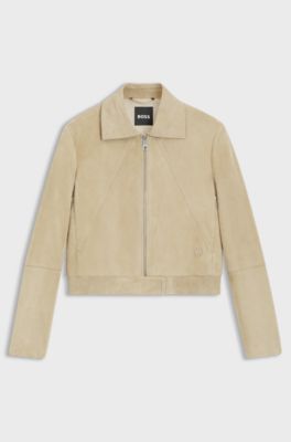 Blouson-style jacket in suede with Double B monogram, Light Beige