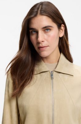 Blouson-style jacket in suede with Double B monogram, Light Beige