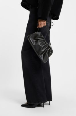 Ruched clutch bag with debossed logo, Black