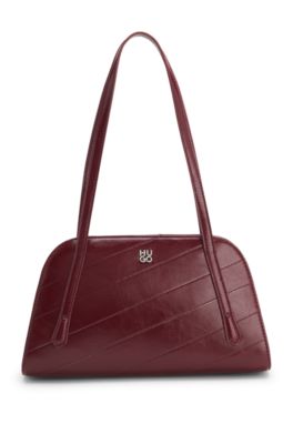 Stitched faux-leather shoulder bag with stacked-logo hardware, Dark Red