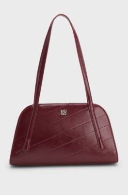 Stitched faux-leather shoulder bag with stacked-logo hardware, Dark Red