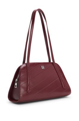 Stitched faux-leather shoulder bag with stacked-logo hardware, Dark Red