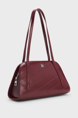 Stitched faux-leather shoulder bag with stacked-logo hardware, Dark Red