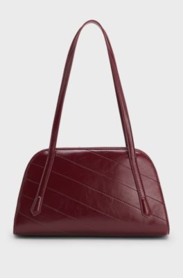 Stitched faux-leather shoulder bag with stacked-logo hardware, Dark Red