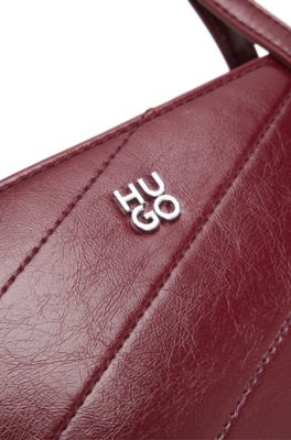 Stitched faux-leather shoulder bag with stacked-logo hardware, Dark Red