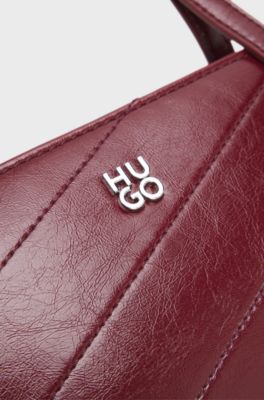 Stitched faux-leather shoulder bag with stacked-logo hardware, Dark Red