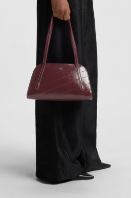 Stitched faux-leather shoulder bag with stacked-logo hardware, Dark Red