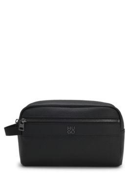 Grained faux-leather washbag with stacked-logo trim, Black