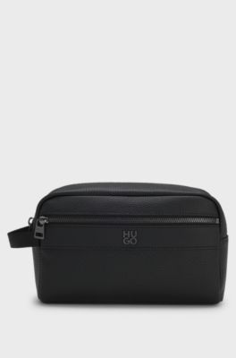 Grained faux-leather washbag with stacked-logo trim, Black