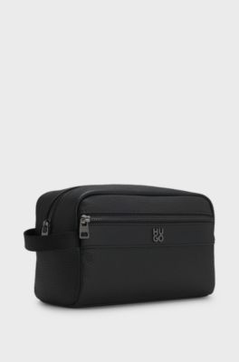 Grained faux-leather washbag with stacked-logo trim, Black