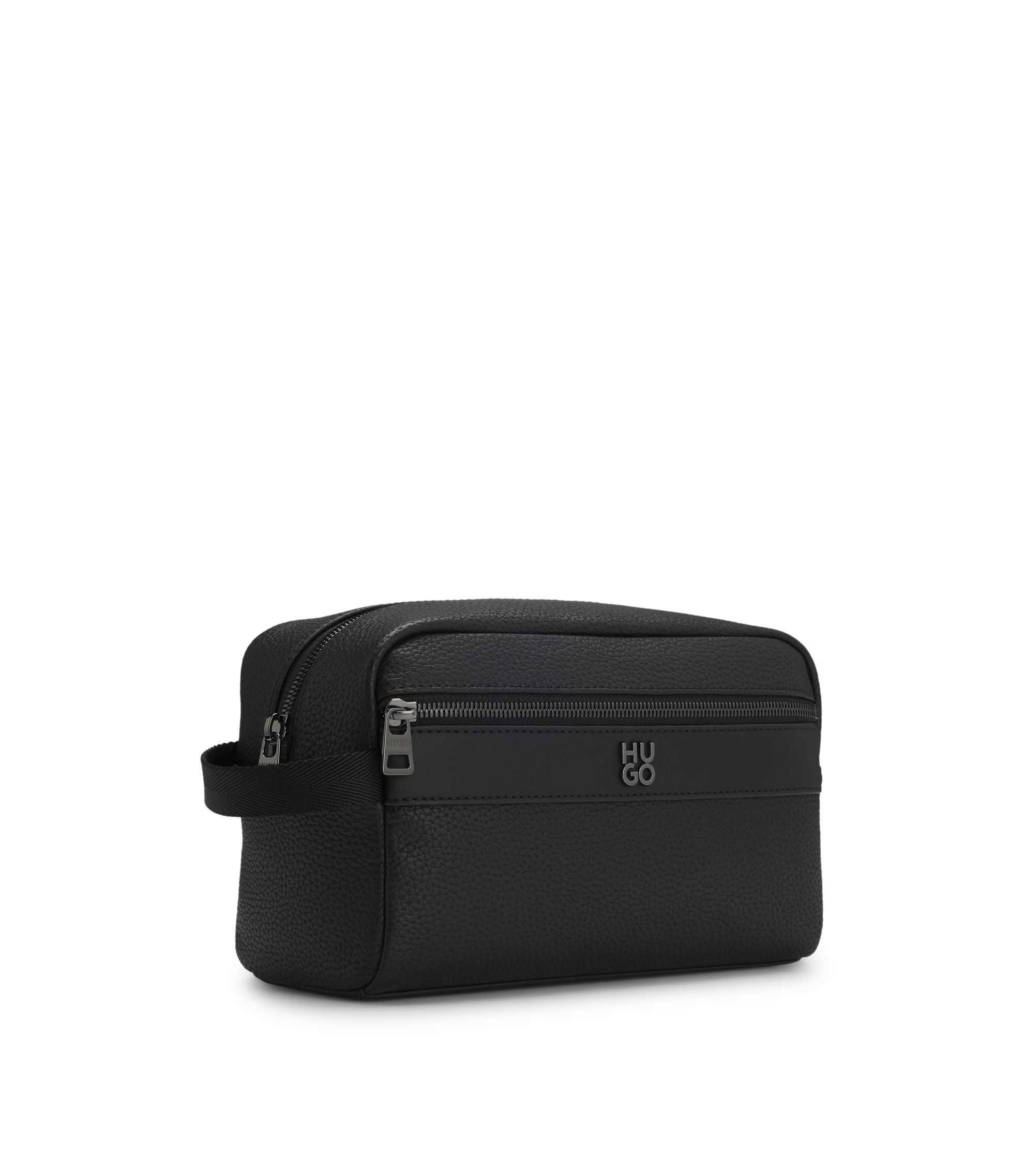 HUGO Grained faux-leather washbag with stacked-logo trim Black