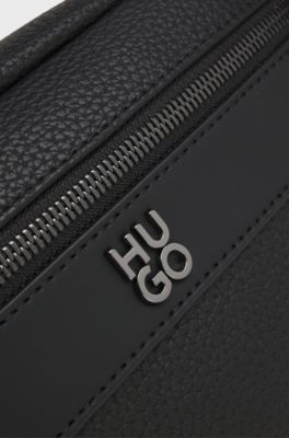 Grained faux-leather washbag with stacked-logo trim, Black