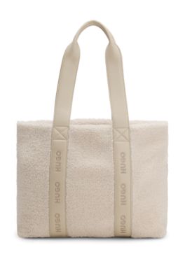 Faux-shearling tote bag with logo straps, Natural