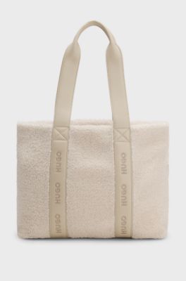 Faux-shearling tote bag with logo straps, Natural