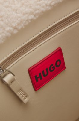 Faux-shearling tote bag with logo straps, Natural