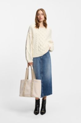 Faux-shearling tote bag with logo straps, Natural