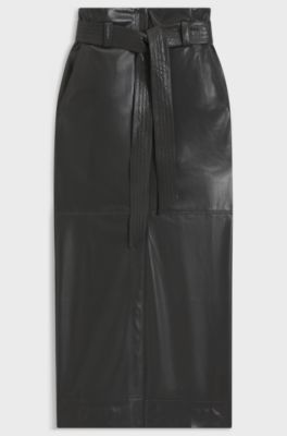 Long-length faux-leather pencil skirt with tie belt, Dark Grey