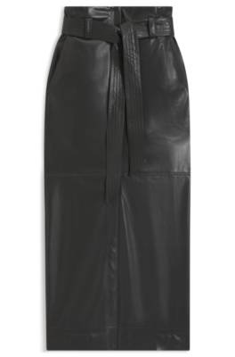Long-length faux-leather pencil skirt with tie belt