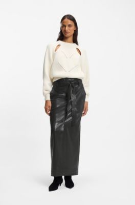 Long-length faux-leather pencil skirt with tie belt, Dark Grey