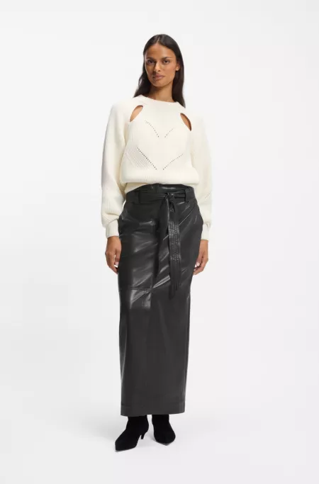 Long-length faux-leather pencil skirt with tie belt