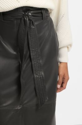 Long-length faux-leather pencil skirt with tie belt, Dark Grey