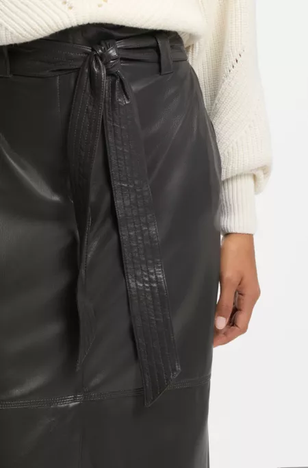 Long-length faux-leather pencil skirt with tie belt