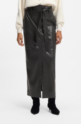 Long-length faux-leather pencil skirt with tie belt, Dark Grey