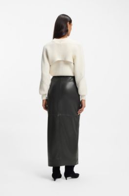 Long-length faux-leather pencil skirt with tie belt, Dark Grey