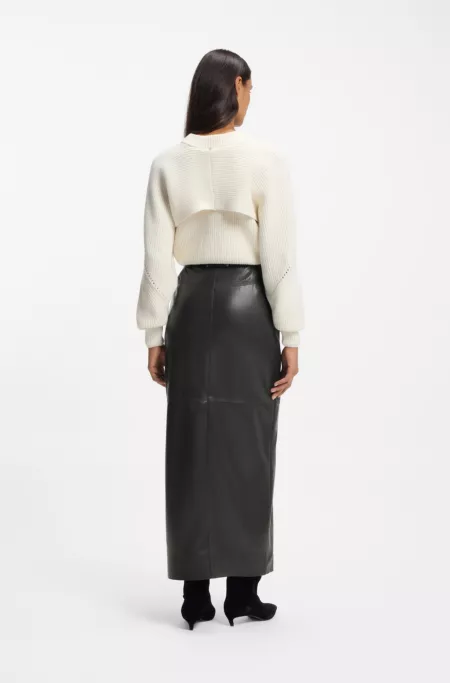Long-length faux-leather pencil skirt with tie belt