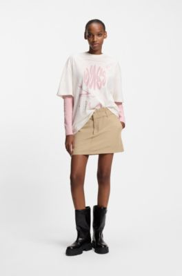Pinstripe mini skirt with double waistband, Beige