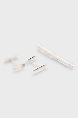 Gift-boxed brass cufflinks and tie bar set, Silver