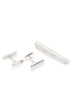 Gift-boxed brass cufflinks and tie bar set