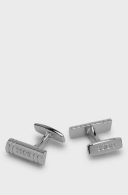 Gift-boxed brass cufflinks and tie bar set, Silver