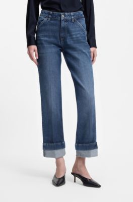 Slim-fit jeans van indigo stretchdenim met omslagen, Blauw